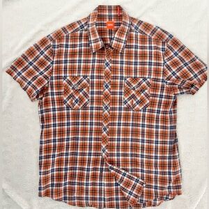 Hugo Boss Orange and Blue Plaid Casual Shirt